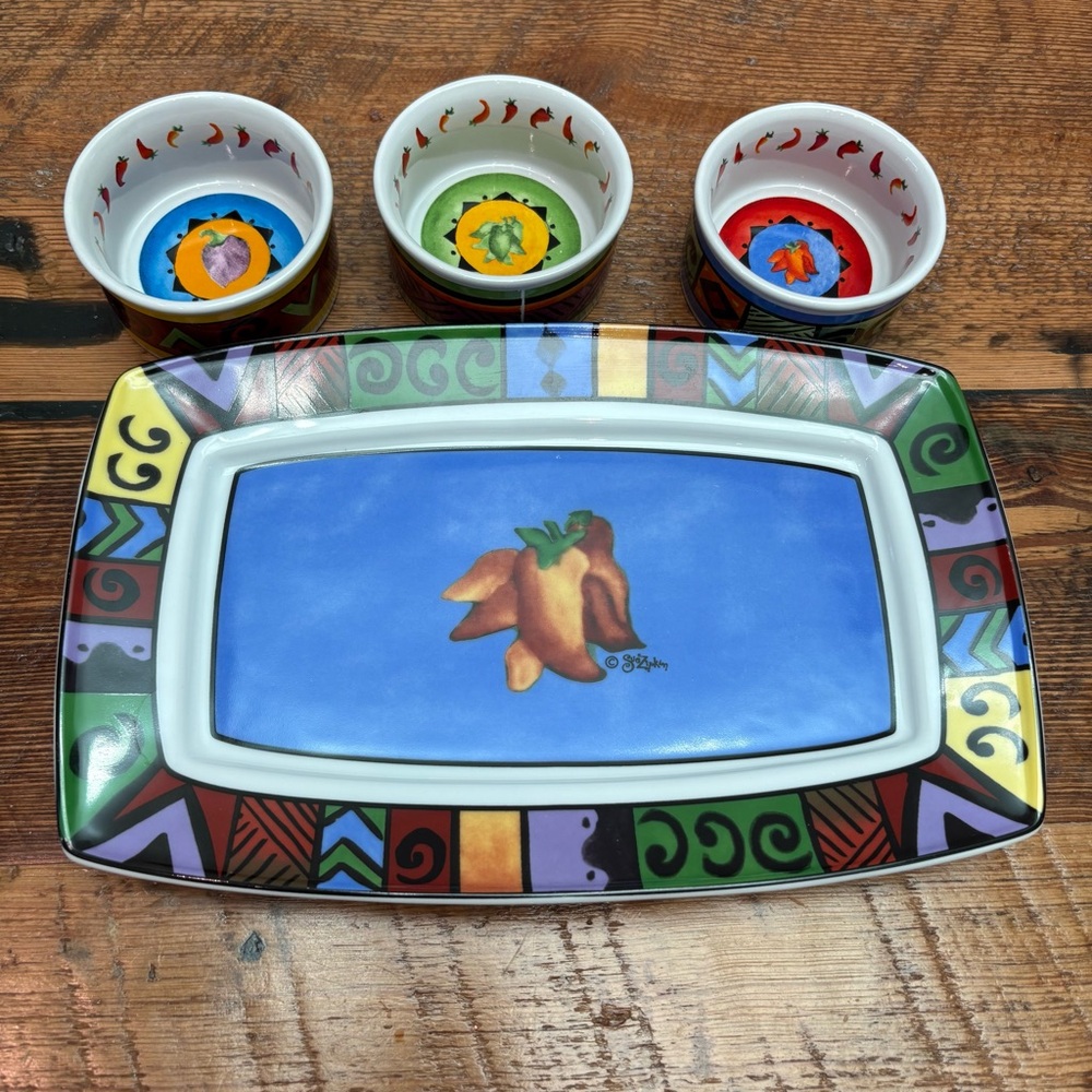 Sakura Platter Signed by Sue Zipkin Hot Peppers with Ramekins